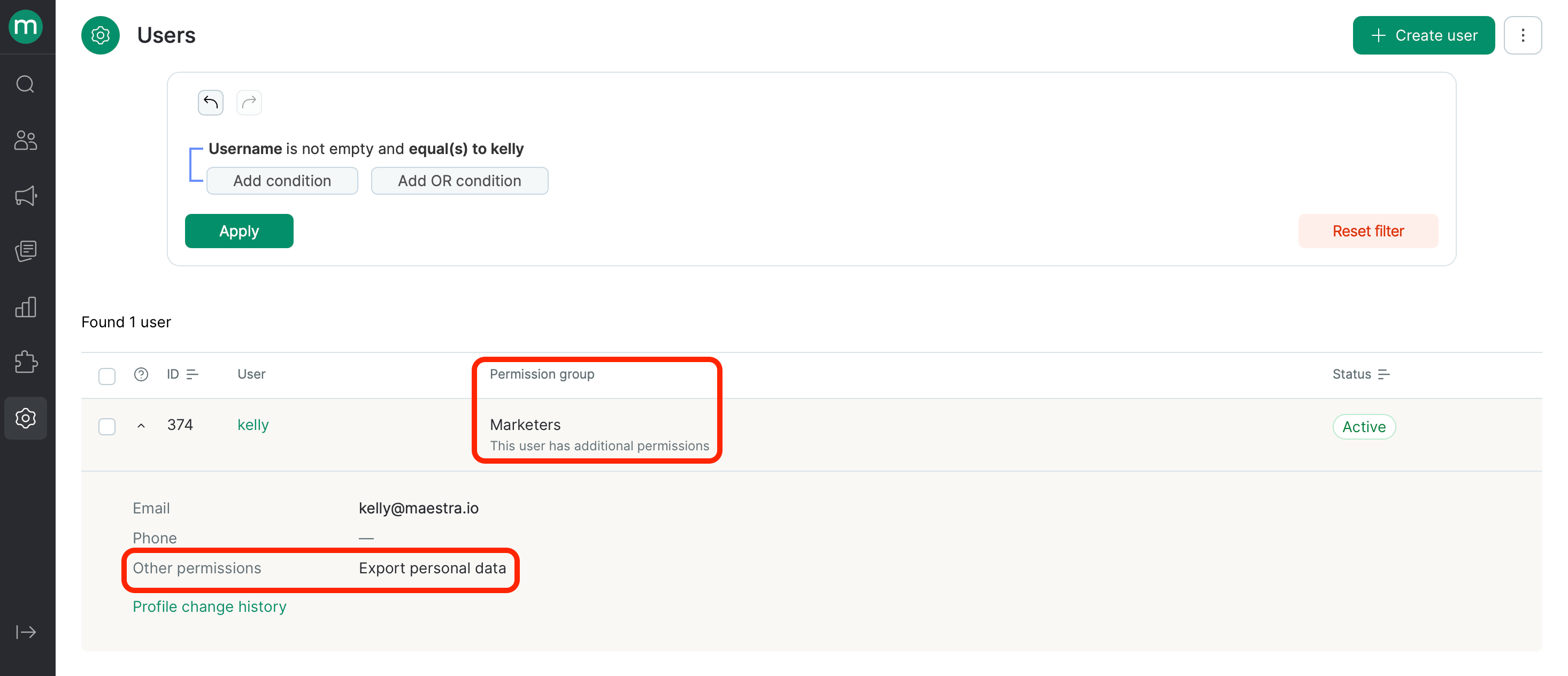 Expanded user row in the users list