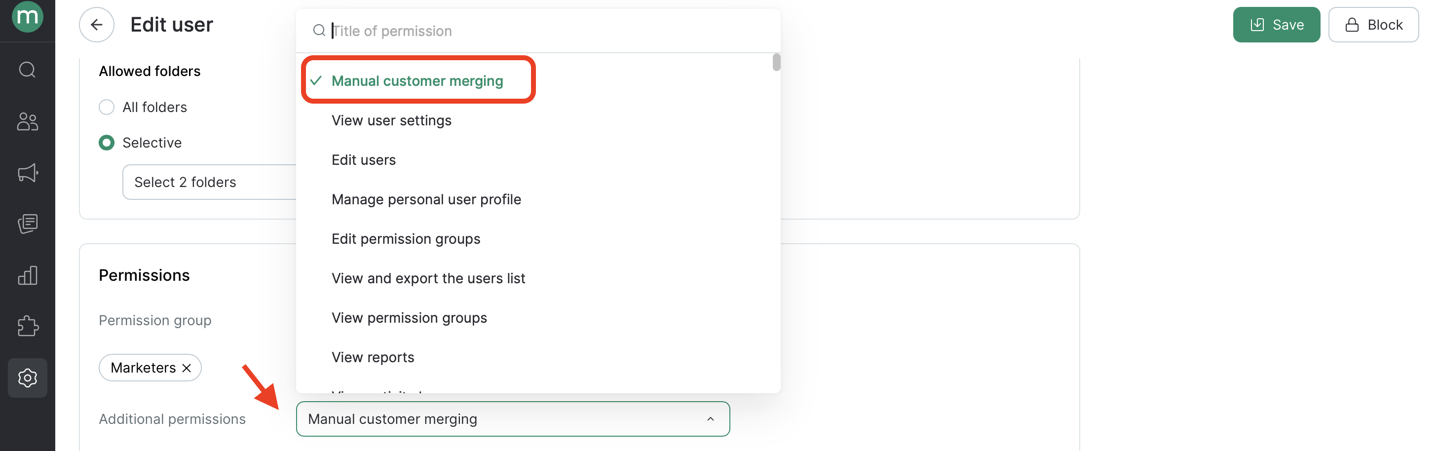 Additional permissions dropdown on the Edit user page