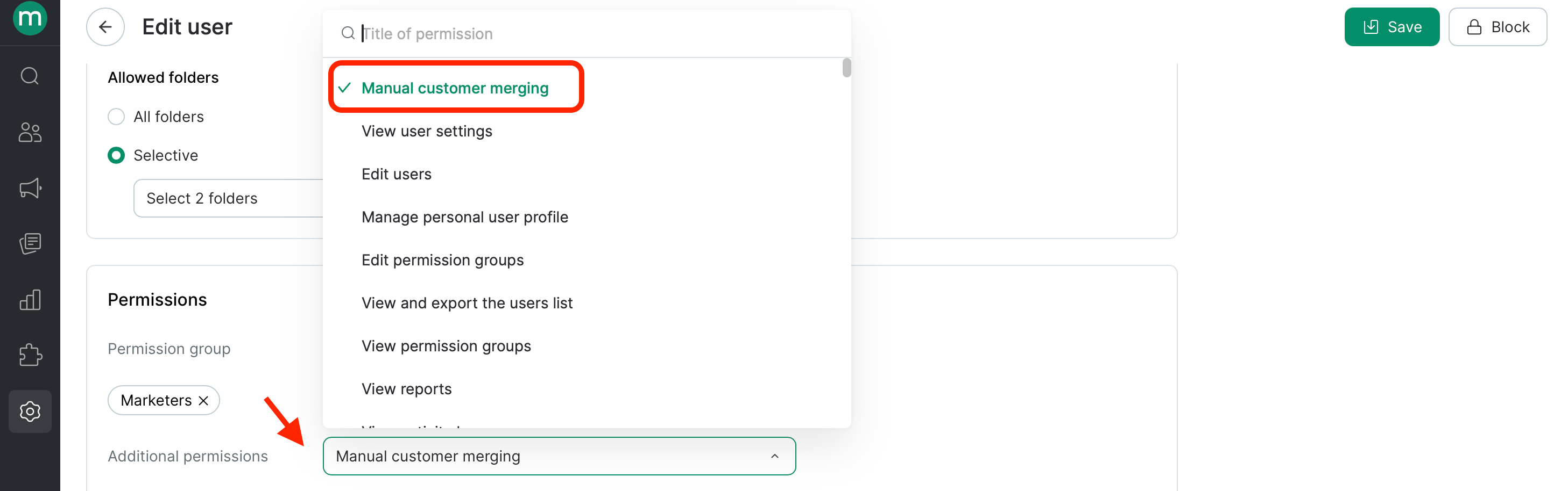 Additional permissions dropdown on the Edit user page