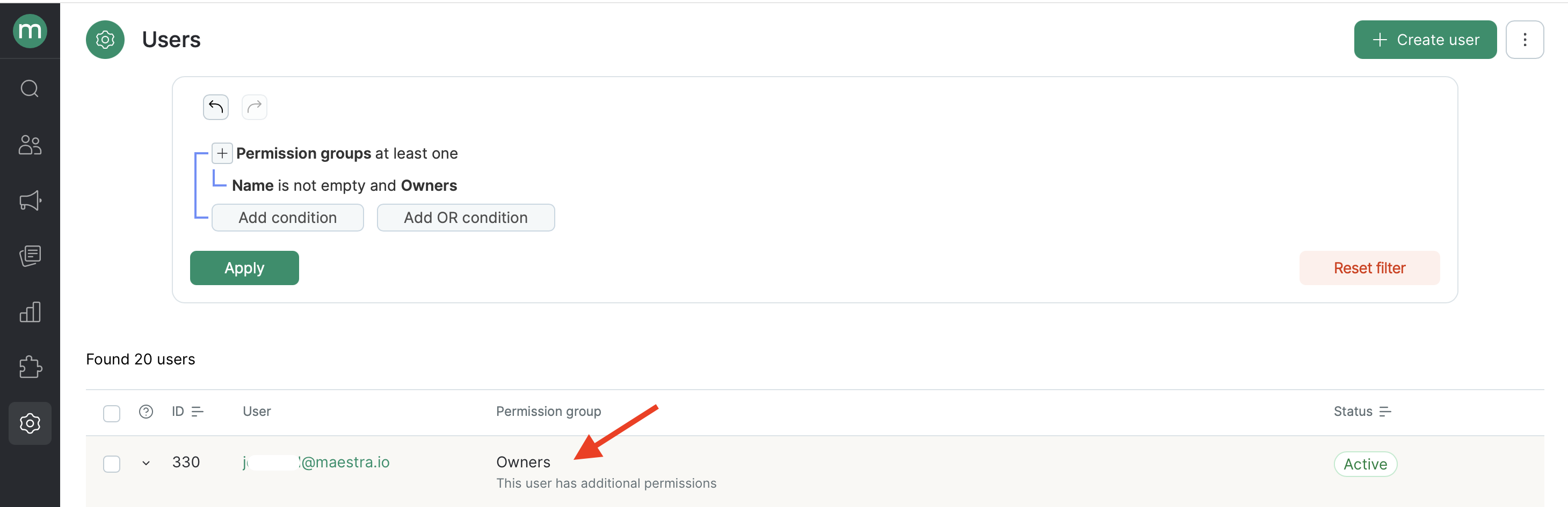 Users list filtered by the Owners permission group