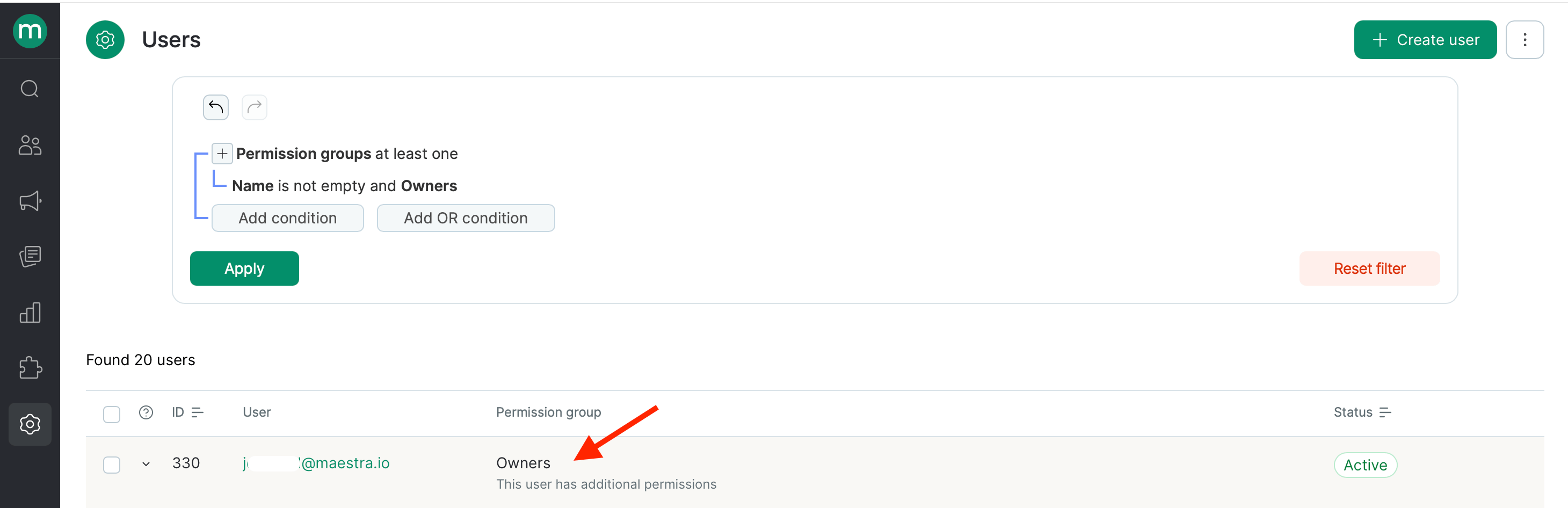 Users list filtered by the Owners permission group