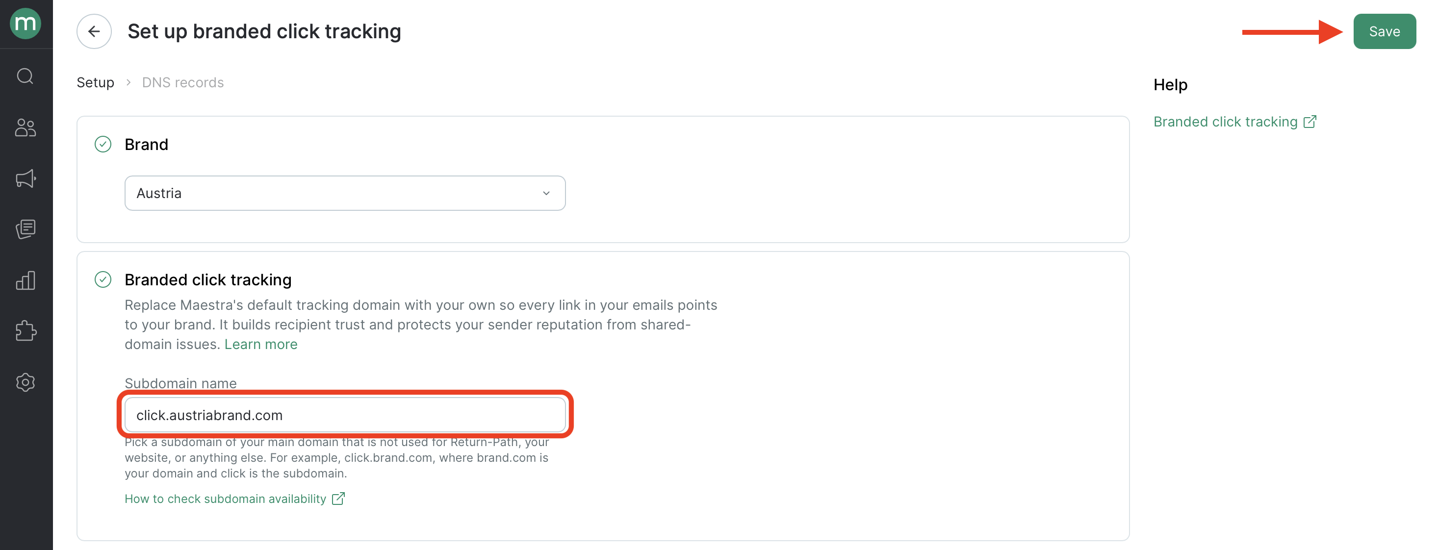 Enter the subdomain and click Save