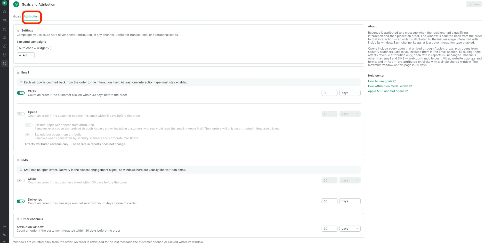 Attribution tab