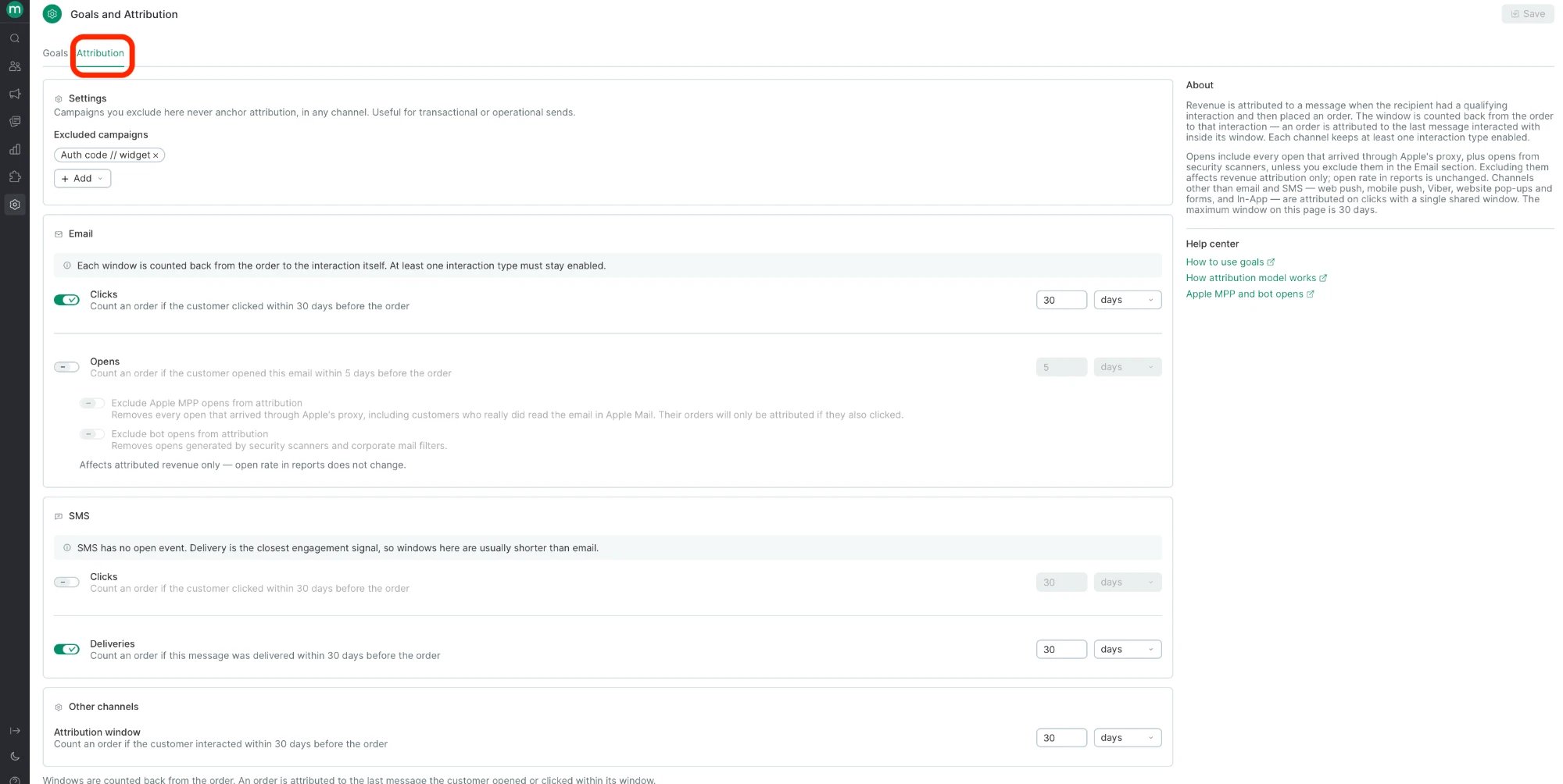 Attribution tab