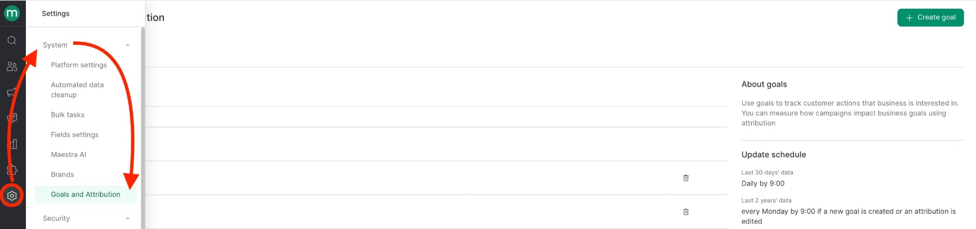 Settings → System → Goals and Attribution