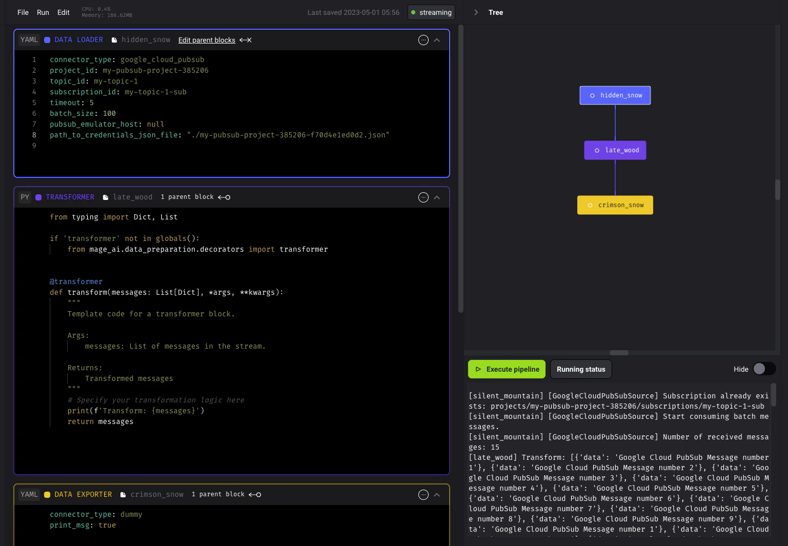 Image of the testing pipeline for 'Google Cloud PubSub Source'