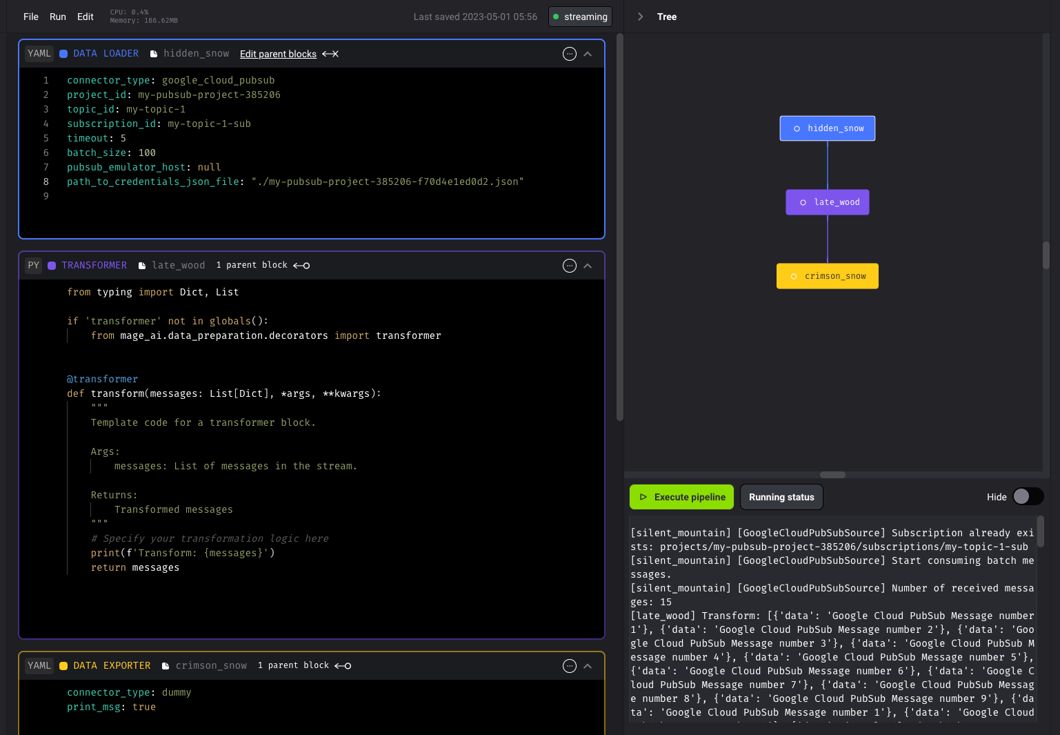 Image of the testing pipeline for "Google Cloud PubSub Source"