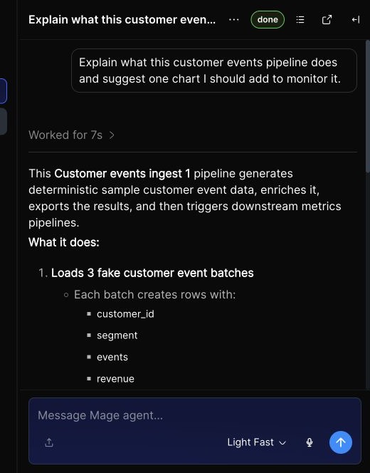 AI Sidekick response explaining a pipeline and recommending a monitoring chart.