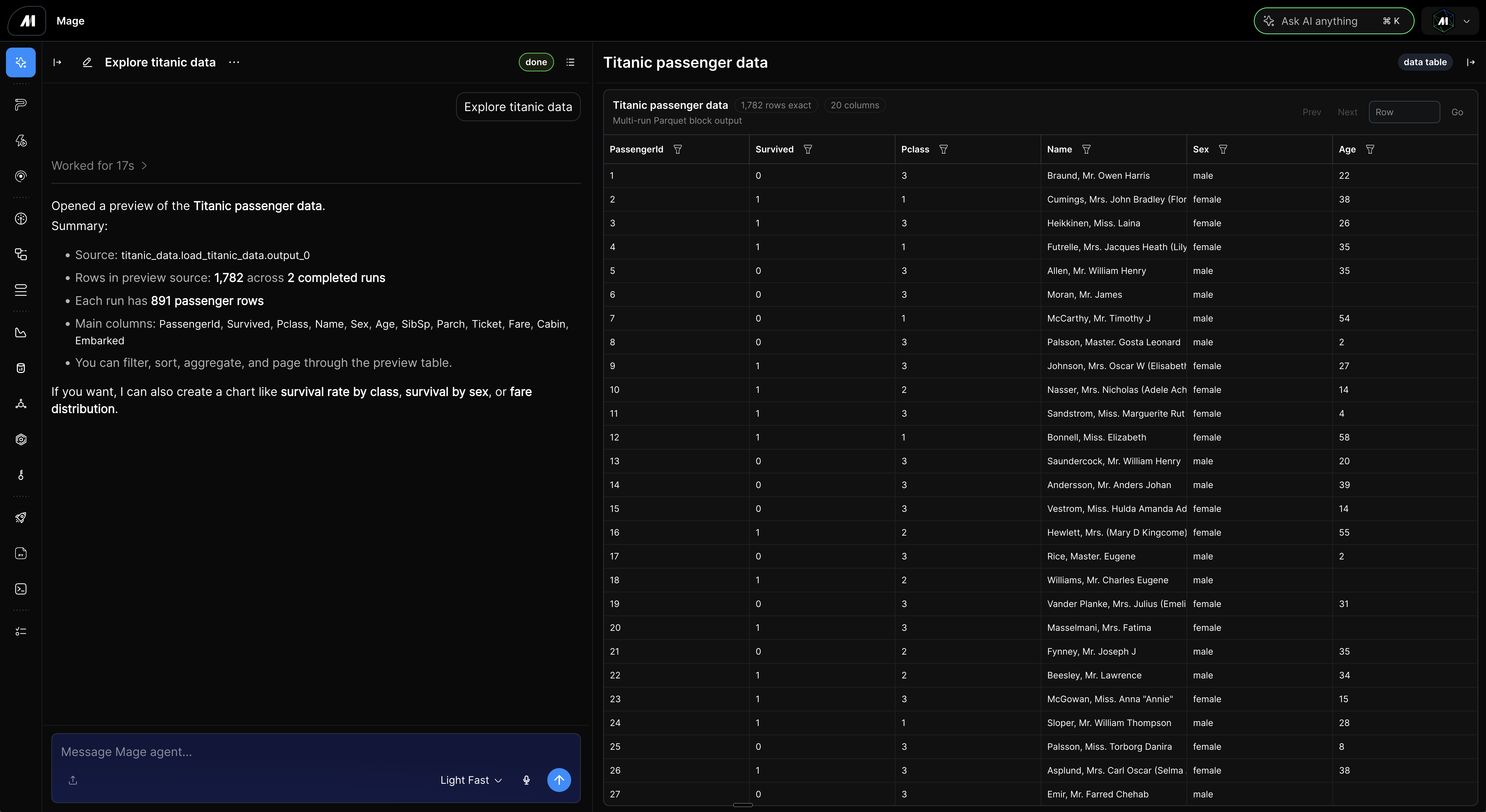 Data Explorer showing AI-assisted exploration of Titanic passenger pipeline output rows