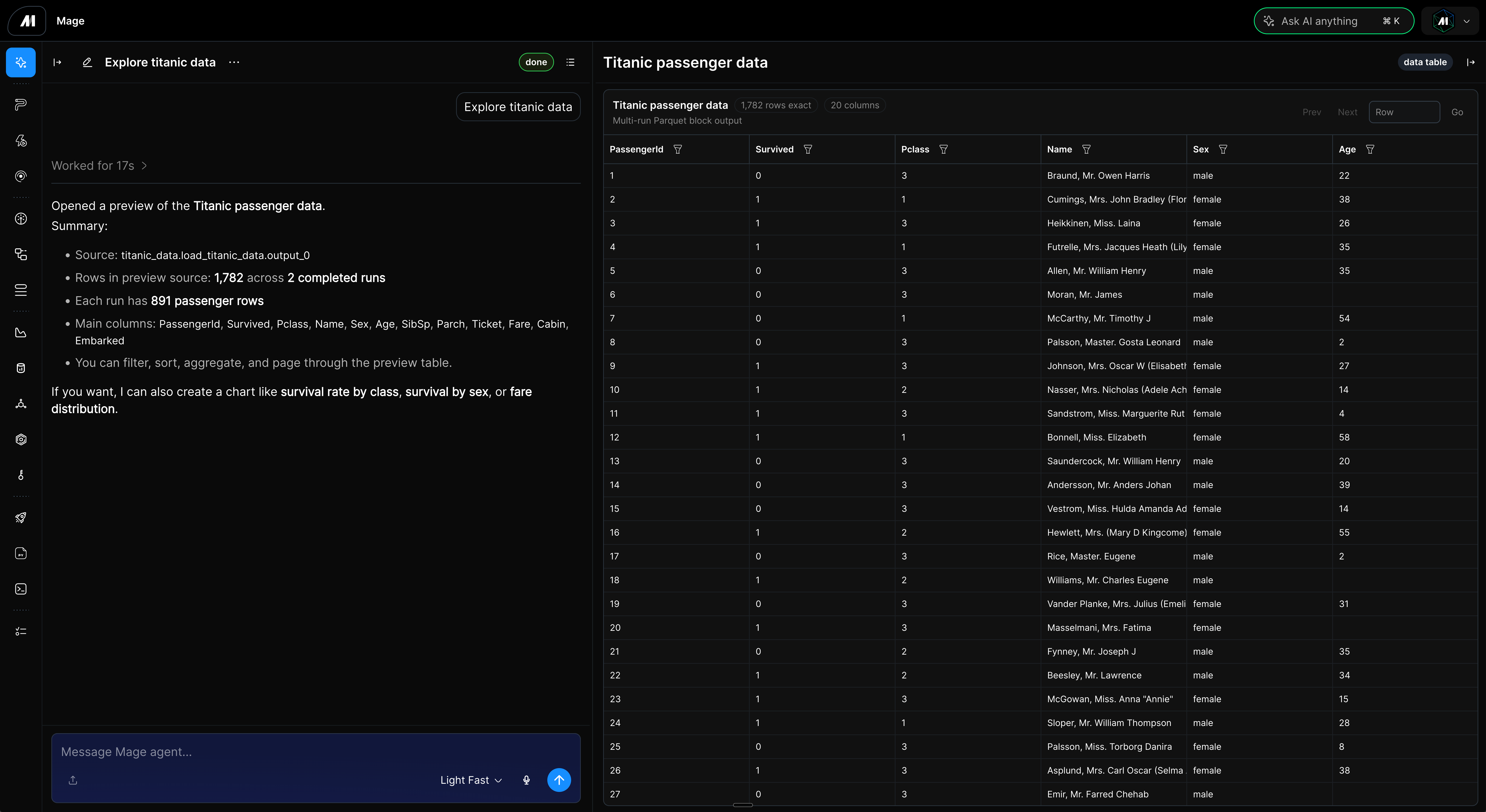 Data Explorer showing AI-assisted exploration of Titanic passenger pipeline output rows