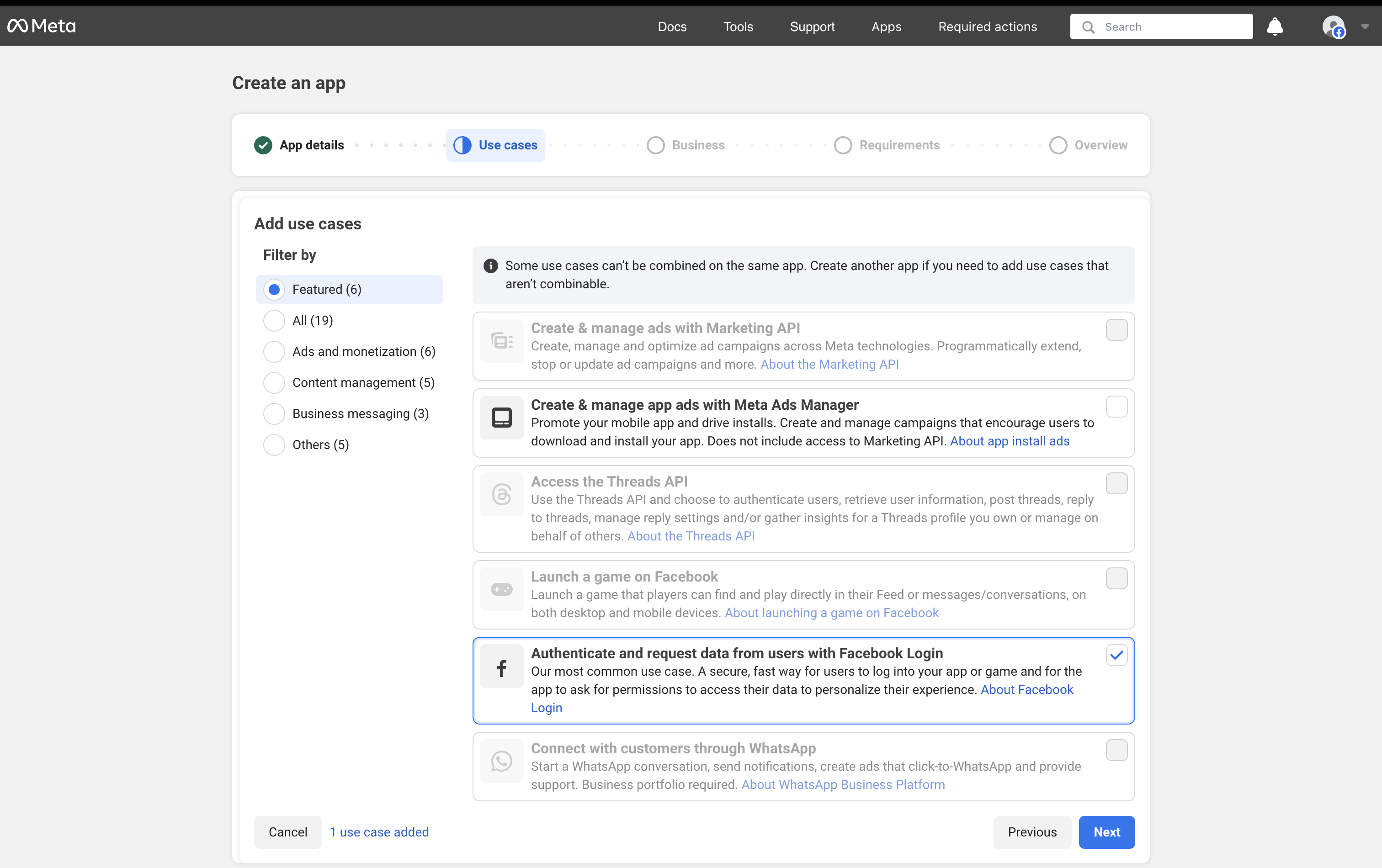 Facebook app creation screen with authentication option selected