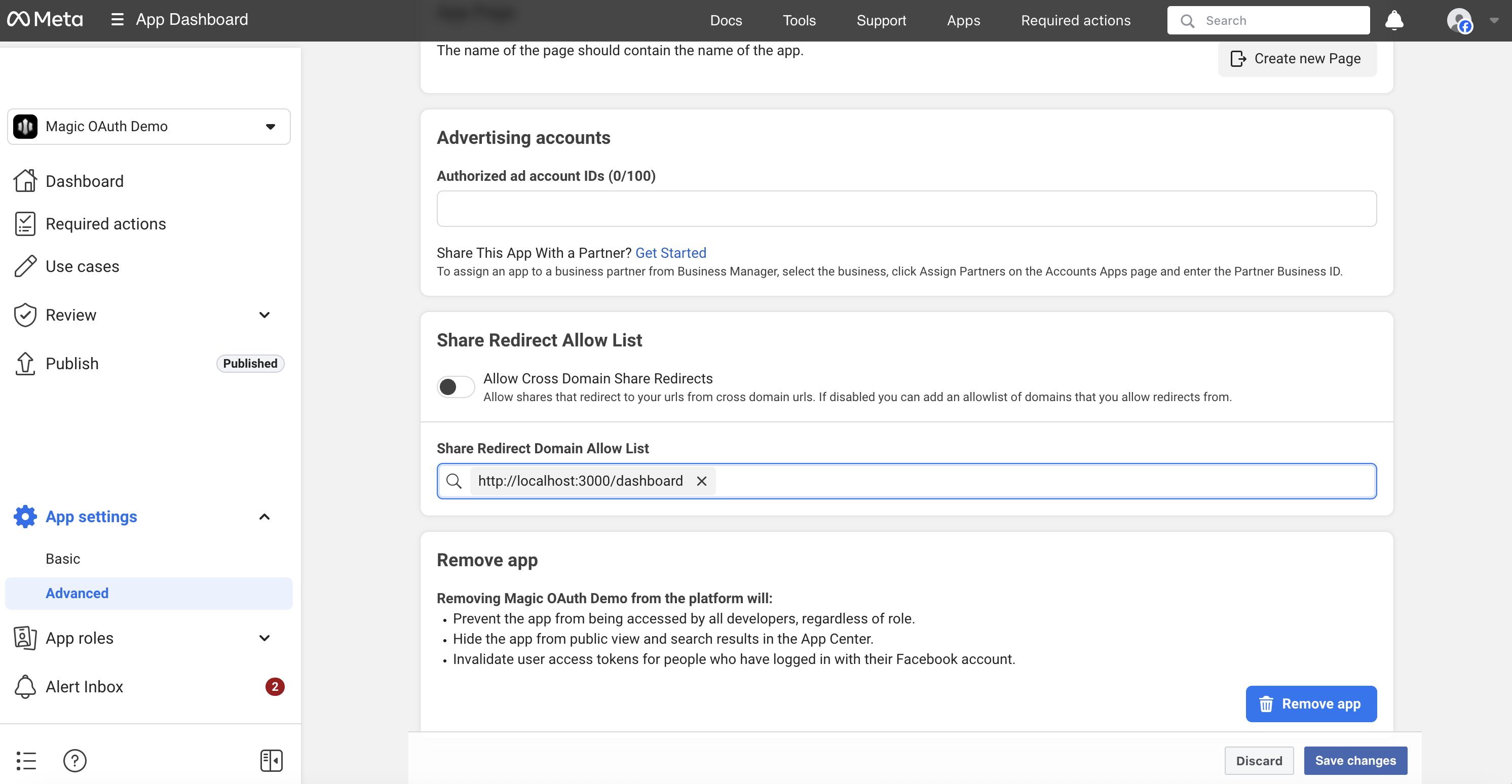 Facebook Advanced Settings showing Share Redirect Allow List input field