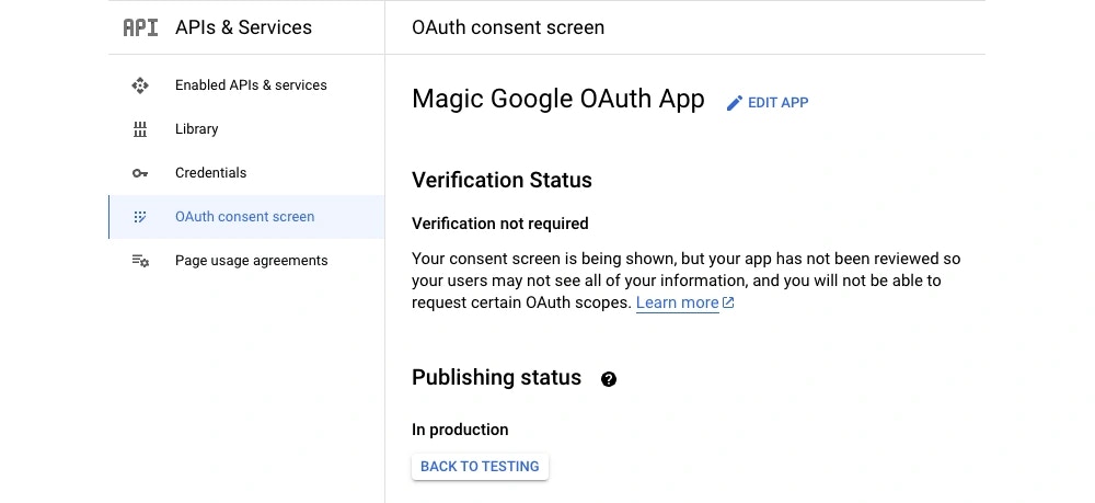 Google OAuth consent screen with app published to production