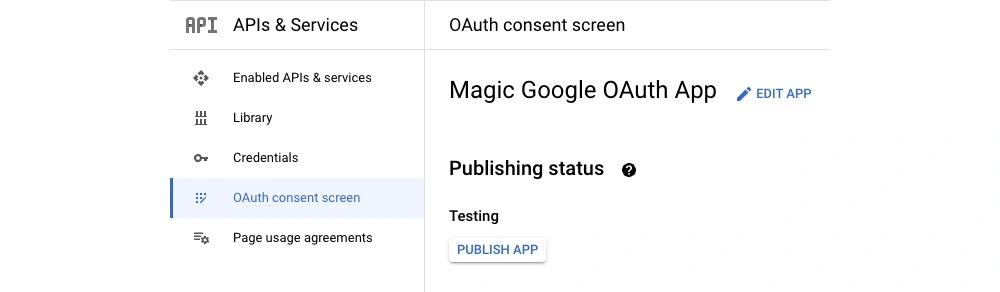 Google OAuth consent screen showing publishing status options