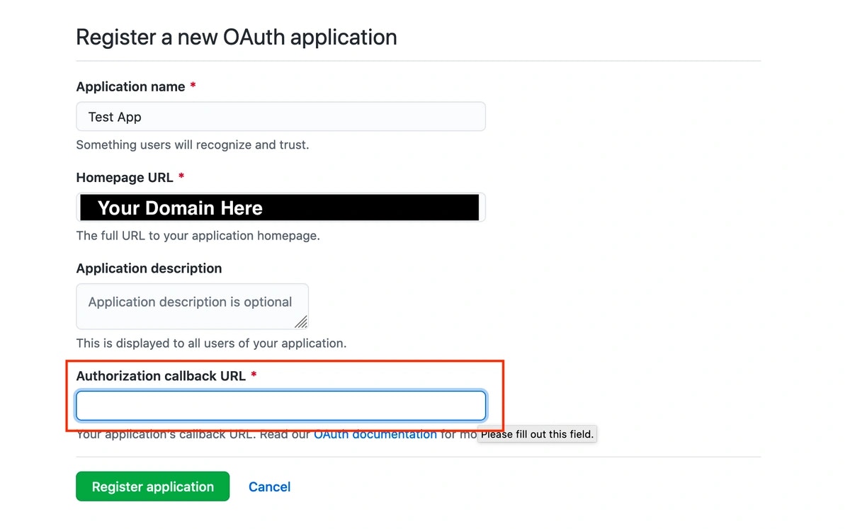 GitHub OAuth application settings with Authorization callback URL input field