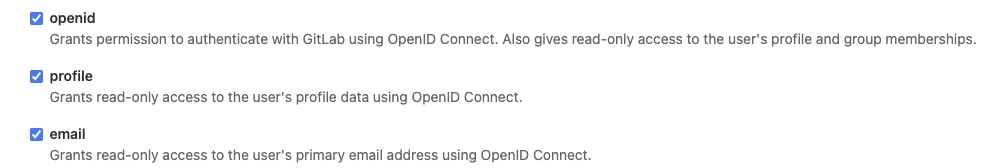GitLab application form showing openid, profile, and email scope checkboxes