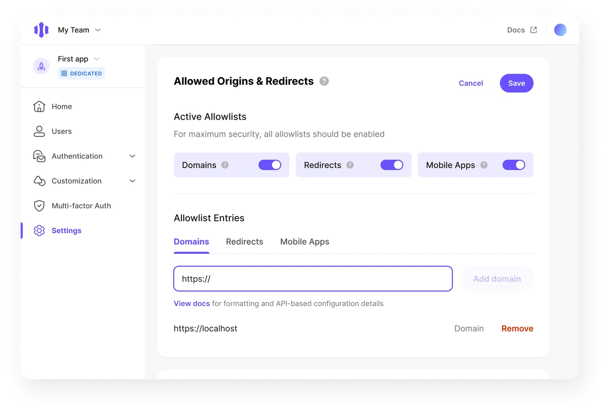 Domain allowlist configuration interface in Magic Dashboard