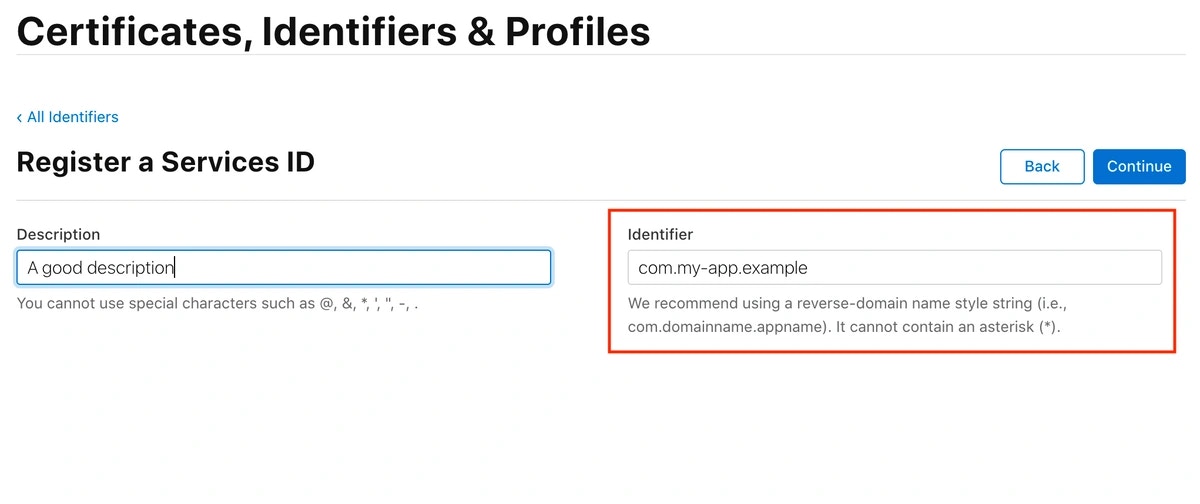 Apple developer portal showing Services ID creation form
