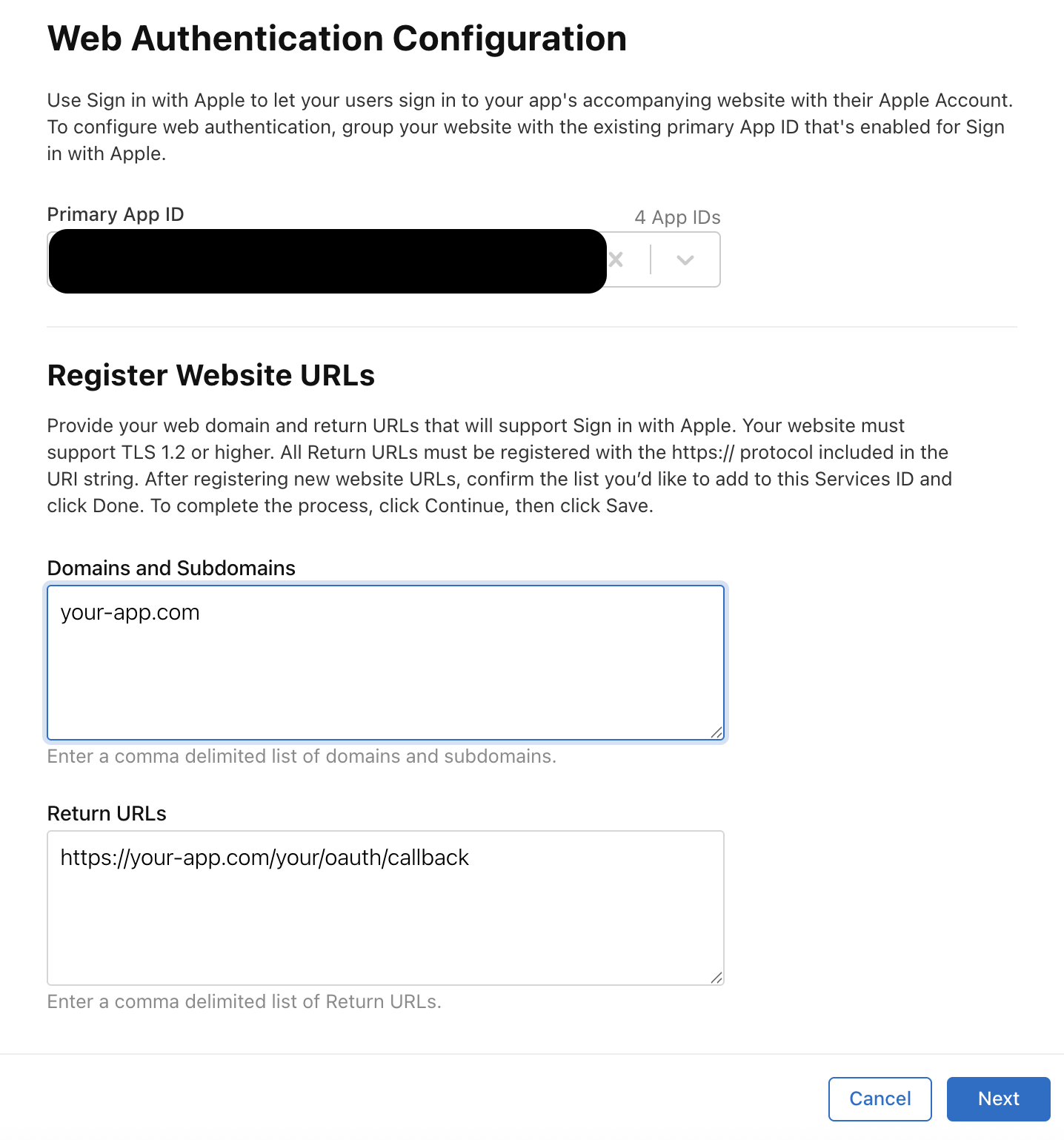 Apple Services ID configuration modal showing Domains and Return URLs input fields