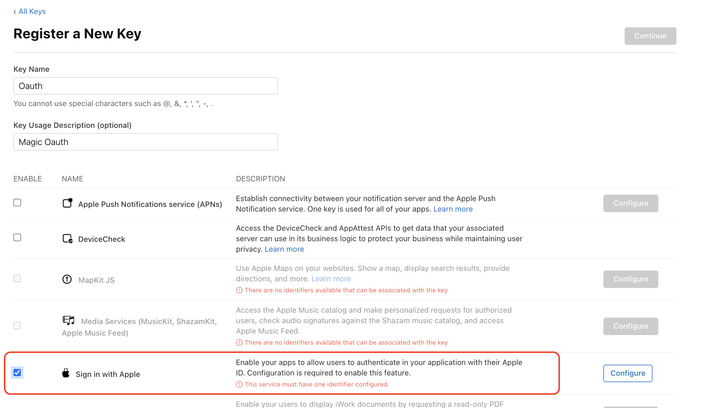 Apple developer portal Keys page showing blue plus button to create a new key
