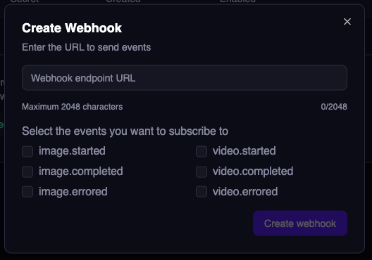 Create webhook modal