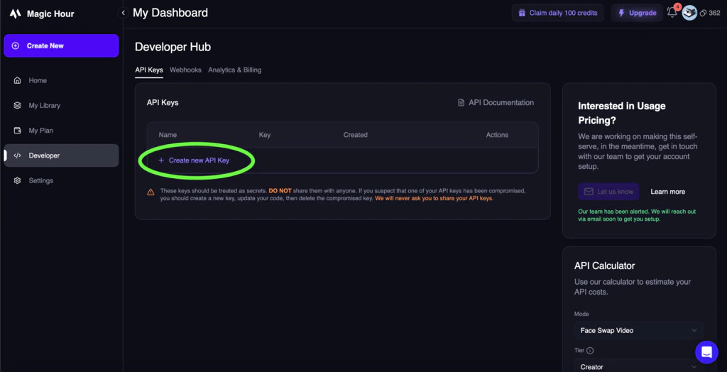 Create API Key button