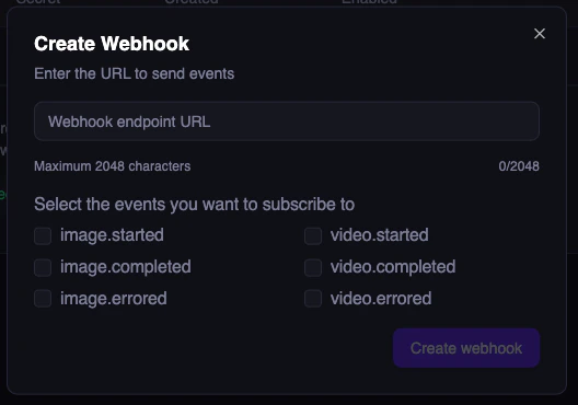 Create webhook modal