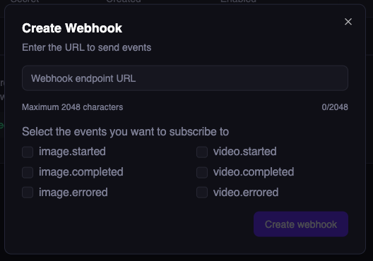 Create webhook modal