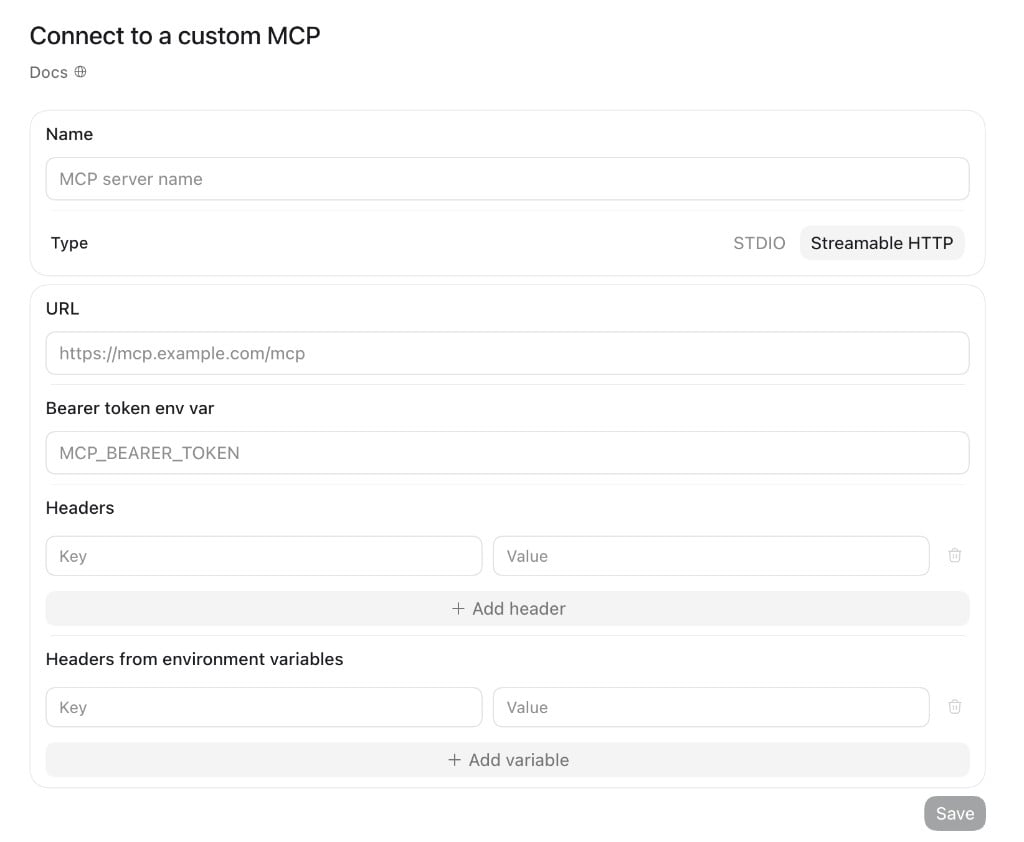 Connect to a custom MCP form in Codex