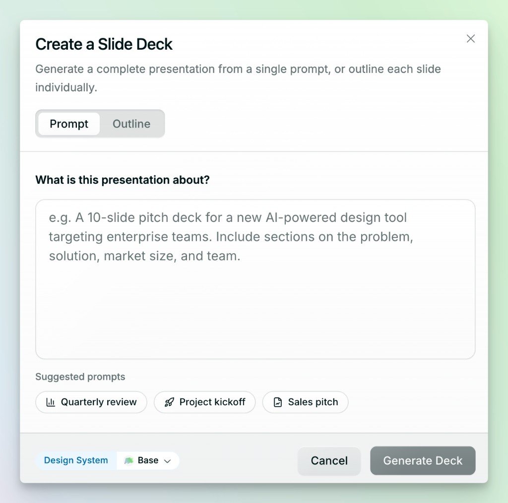 Create a Slide Deck dialog with prompt and outline options