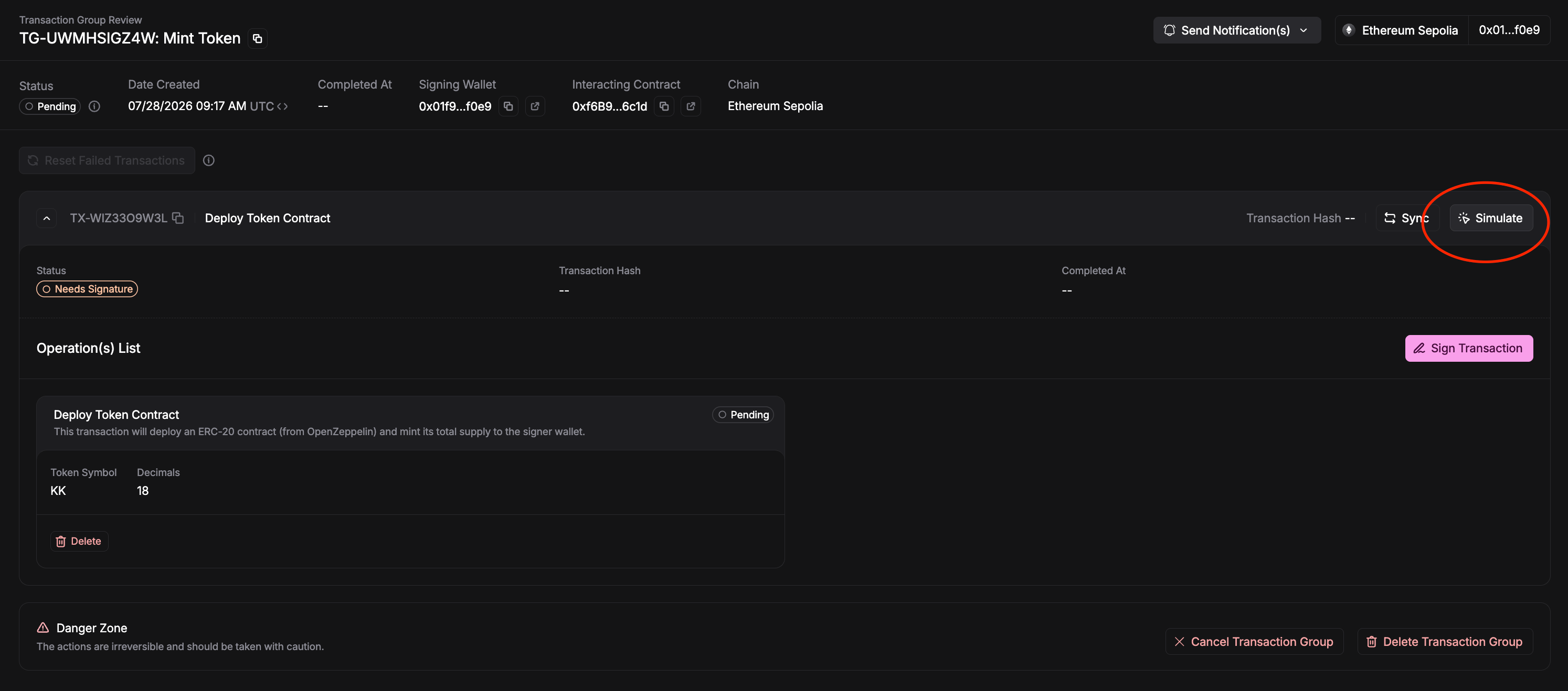 Simulate button on a transaction row