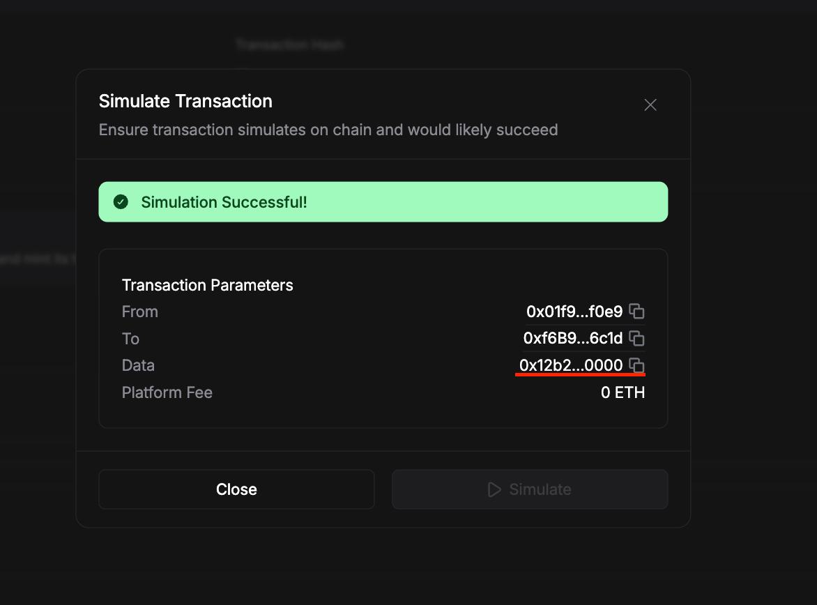 Simulate Transaction dialog showing the Data field