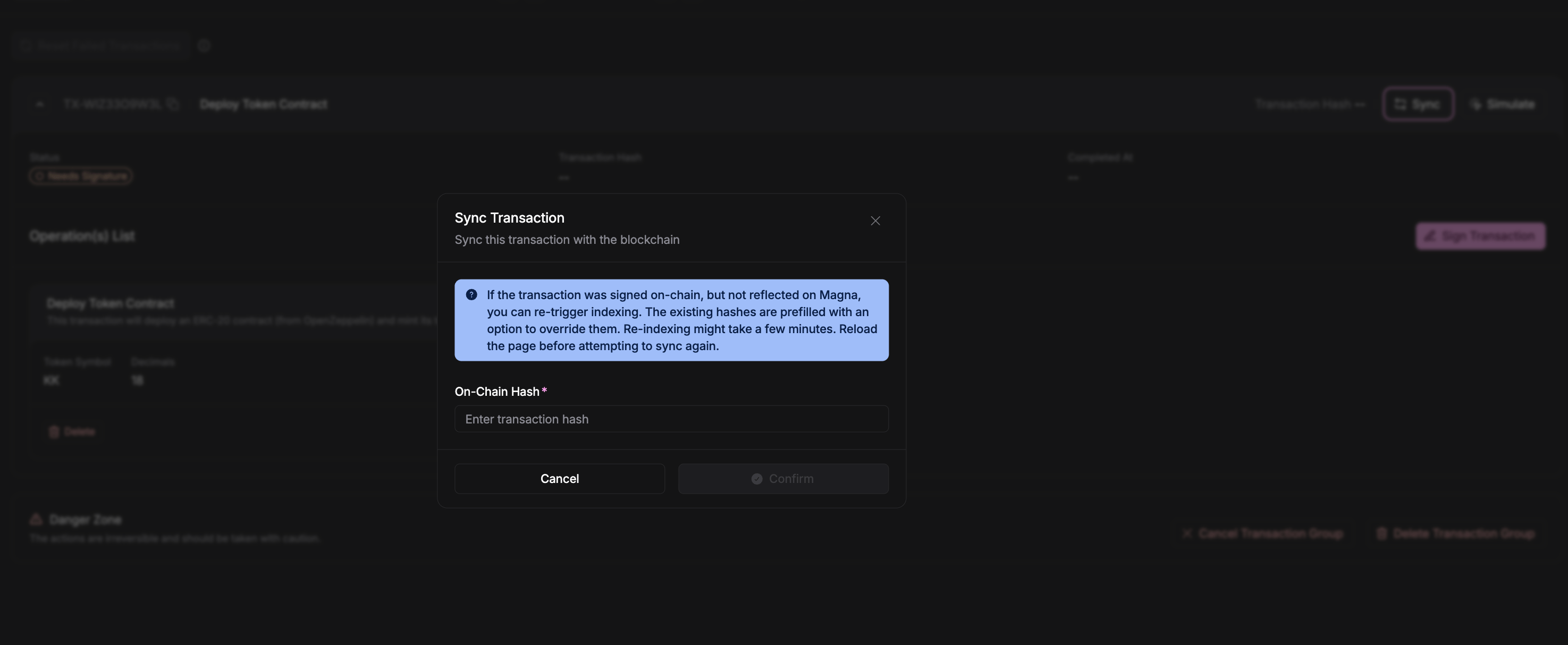 Sync Transaction dialog with the On-Chain Hash field