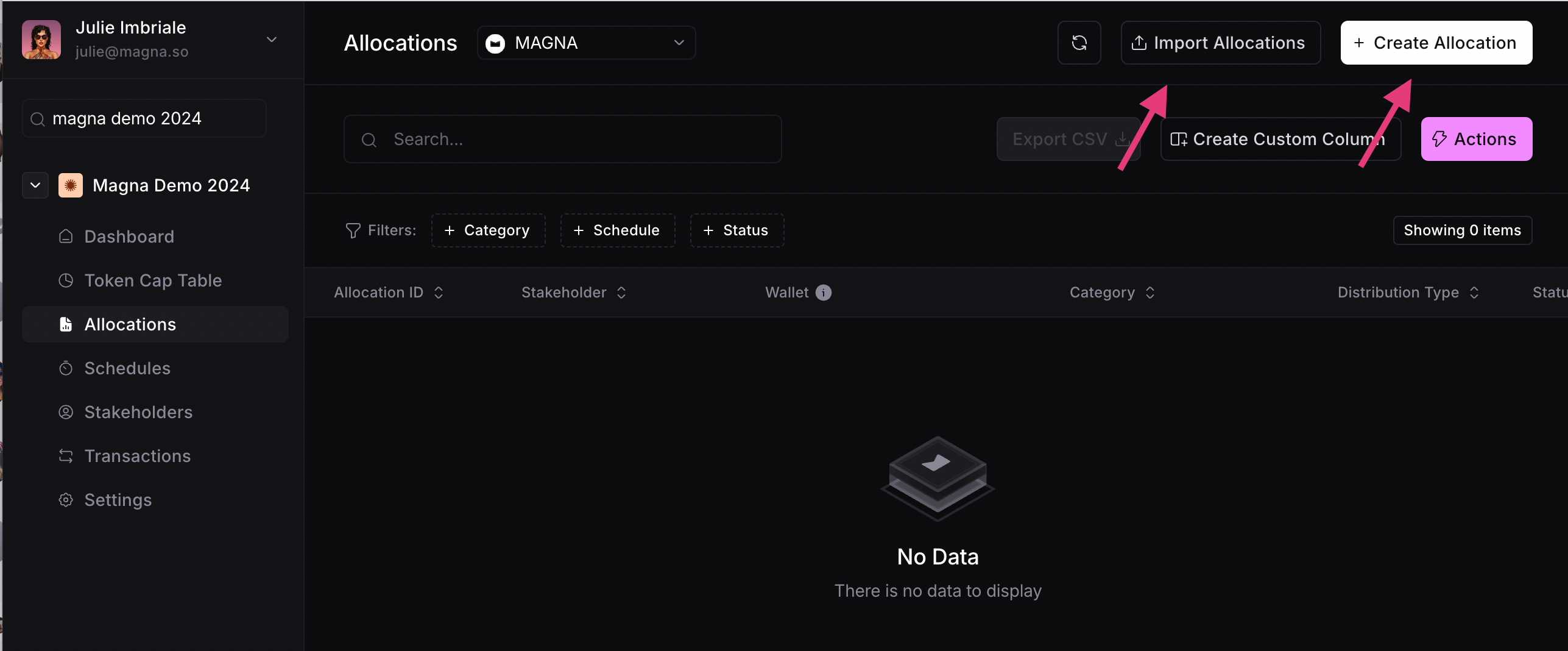 add import allocations buttons