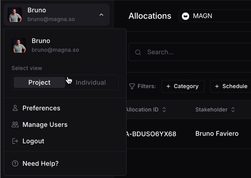 user menu