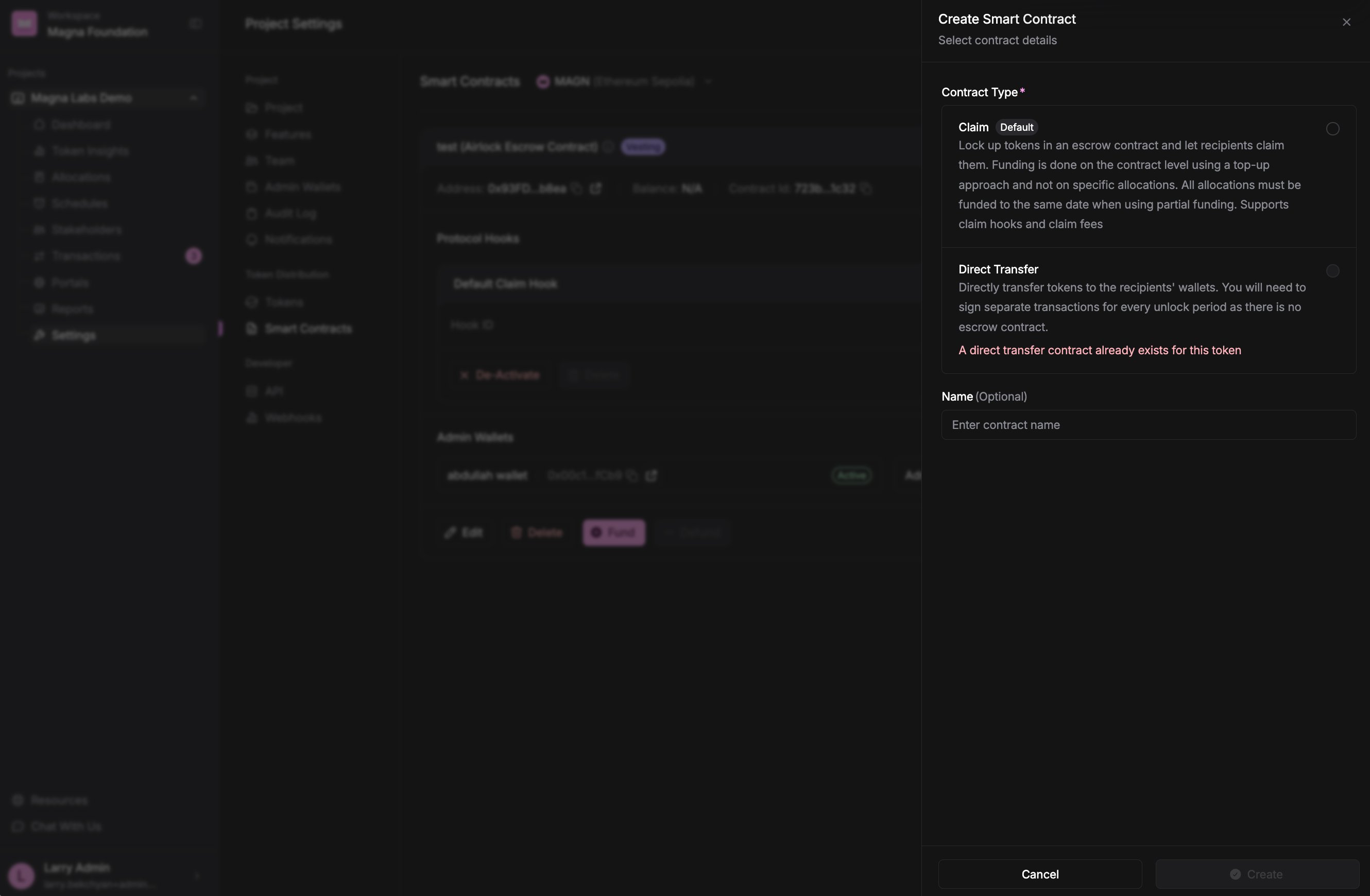 Create Smart Contract panel with contract type and name fields