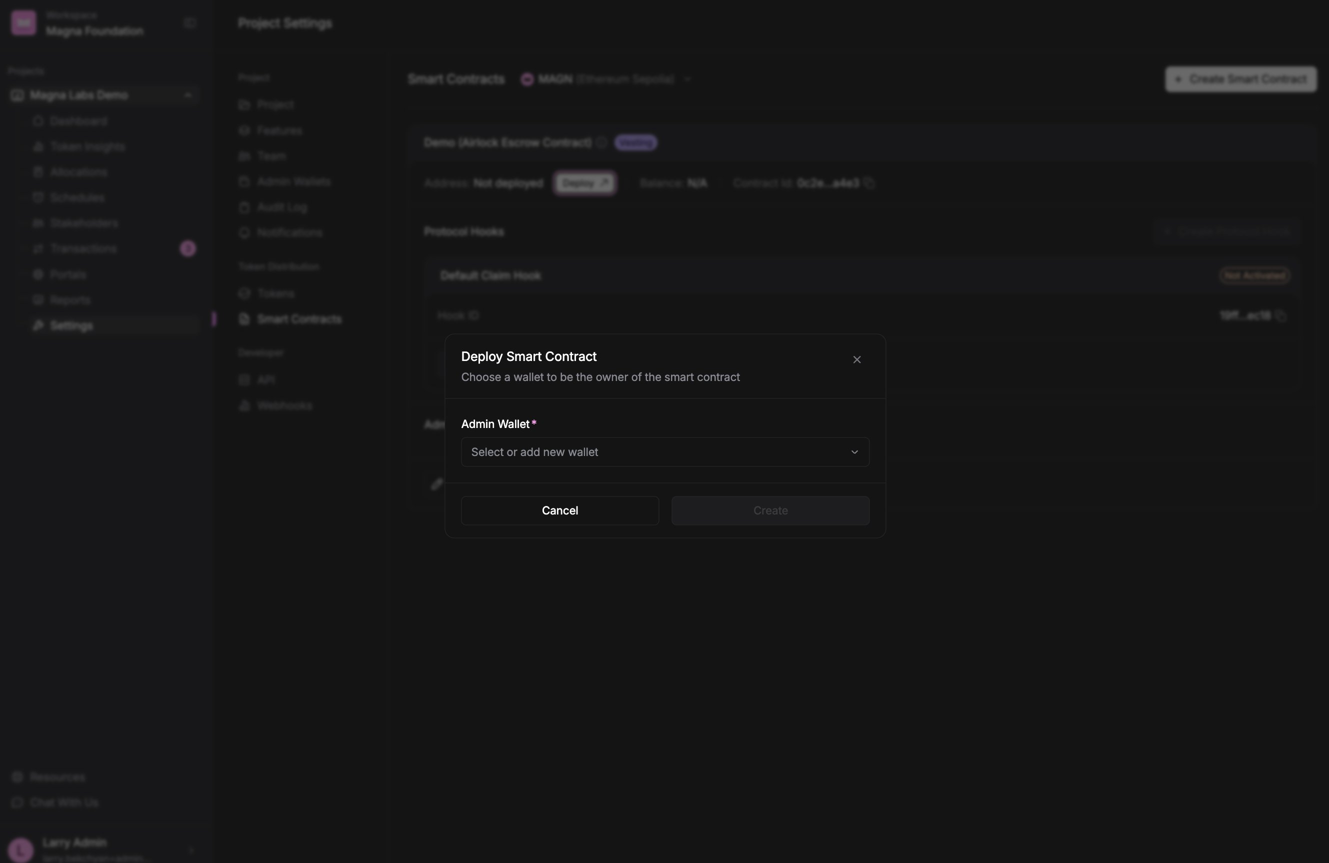 Deploy Smart Contract dialog with an Admin Wallet selector