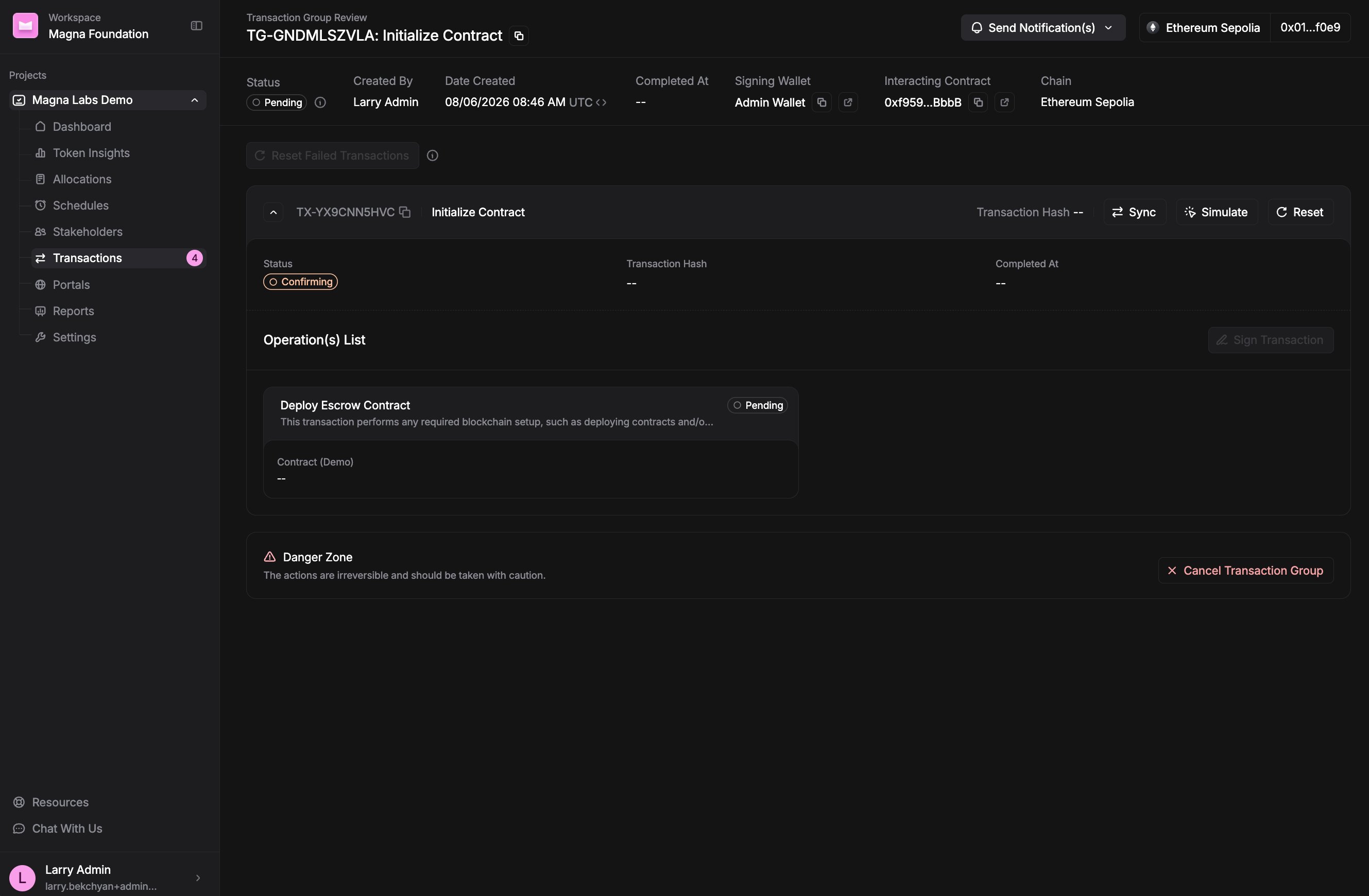 Transaction group review page for the Initialize Contract transaction