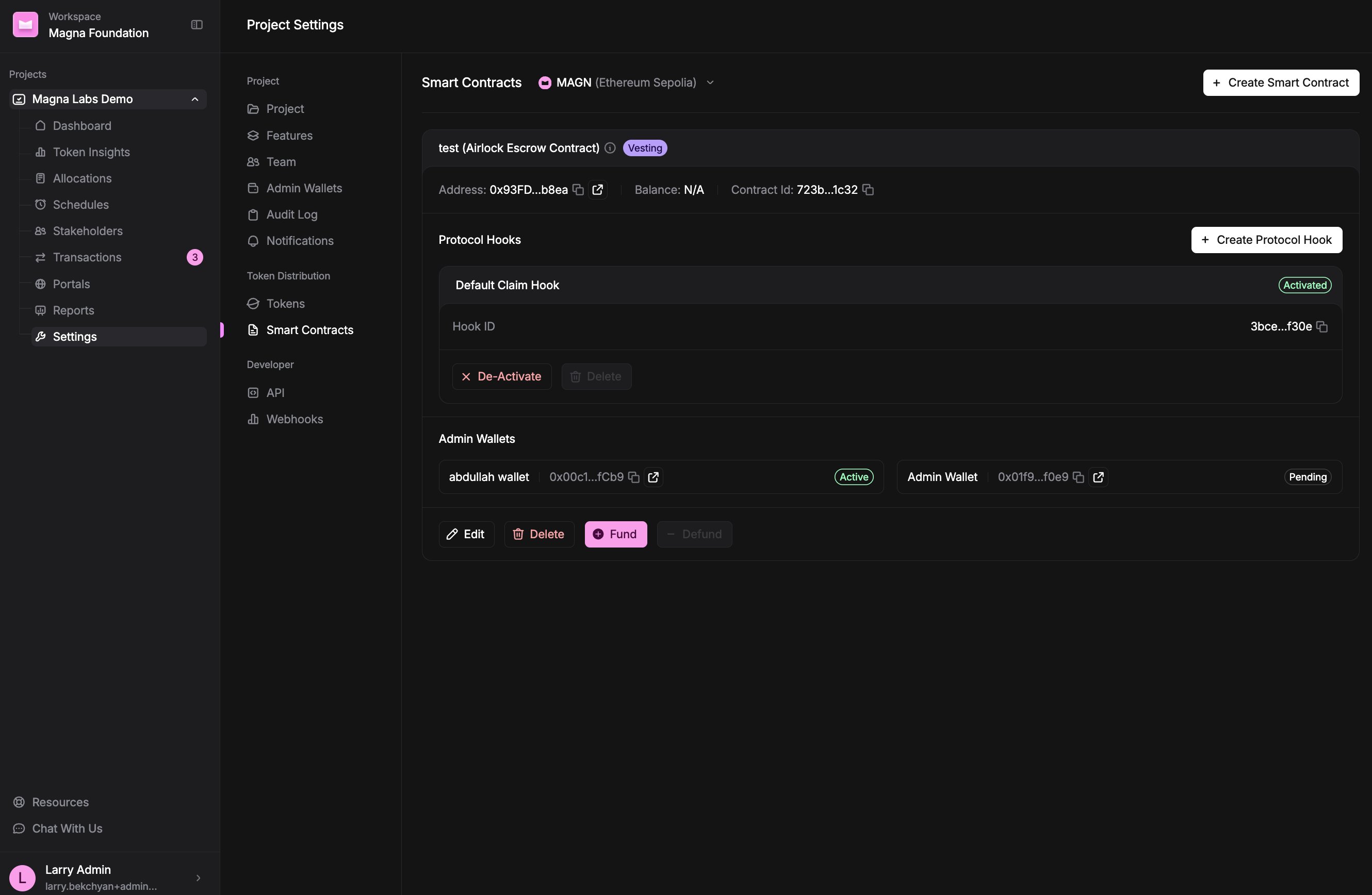 Smart Contracts settings page with a contract card