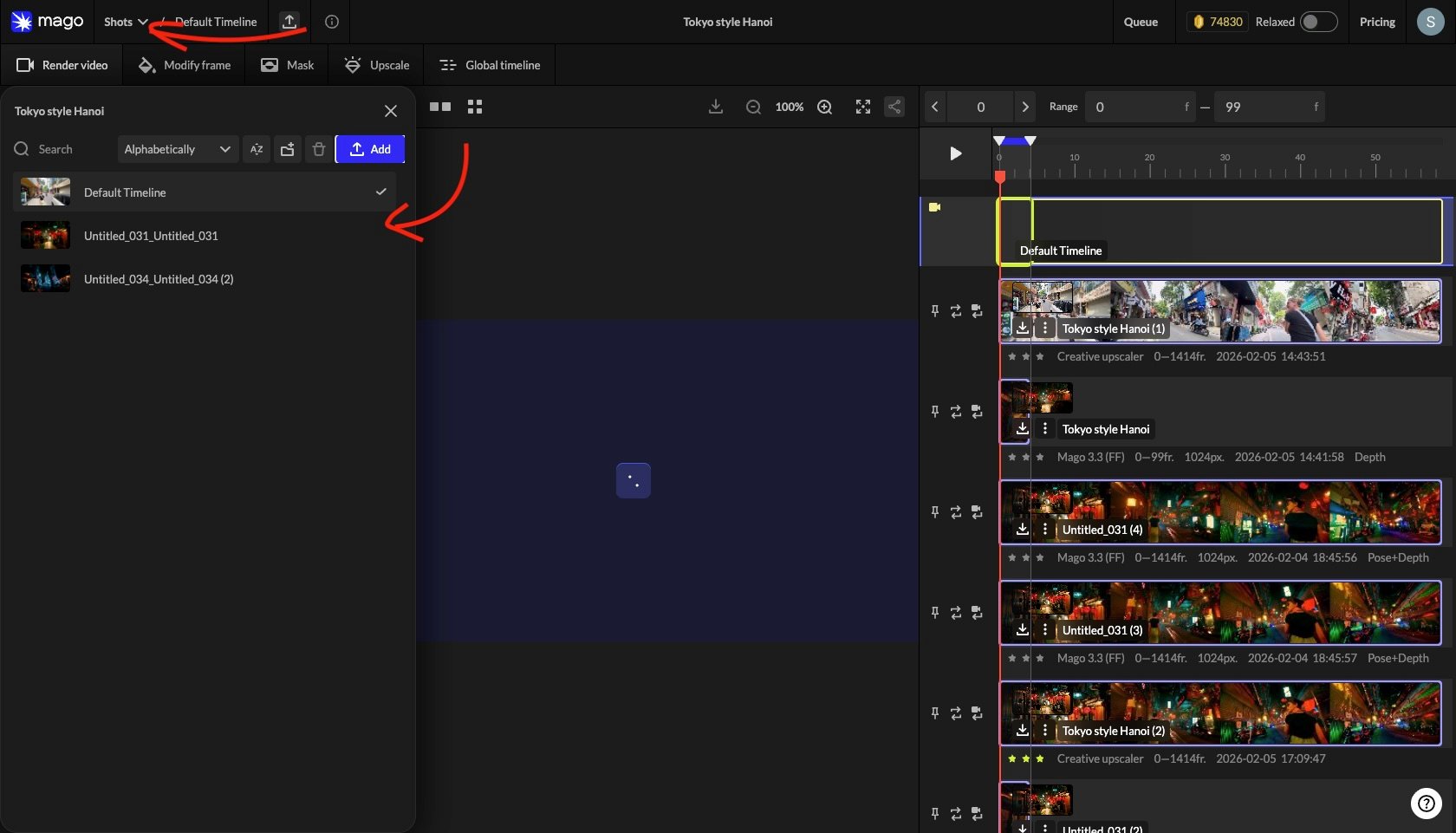 The shots panel showing multiple shots inside a project.