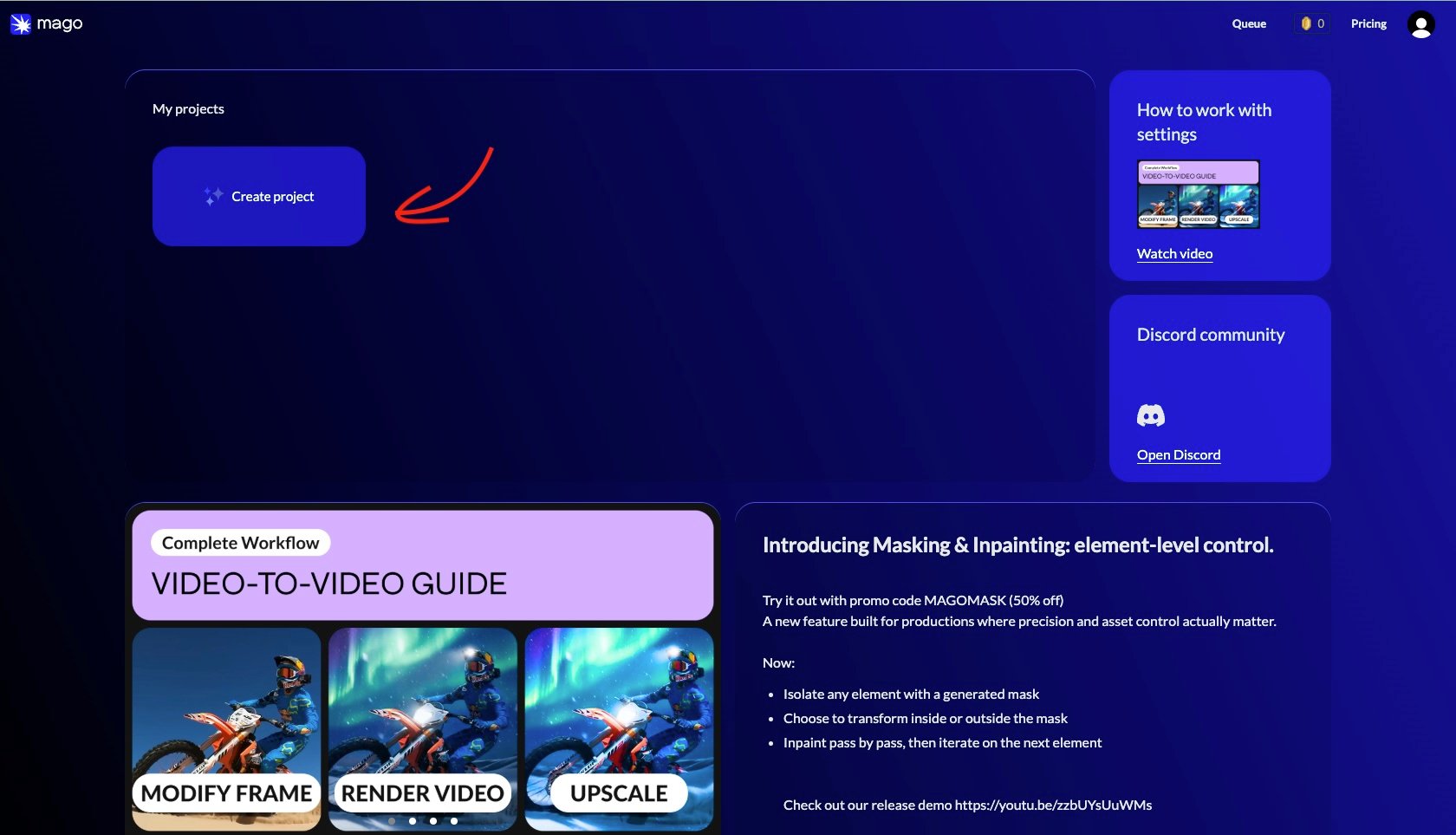 Home screen with the Create Project button highlighted.