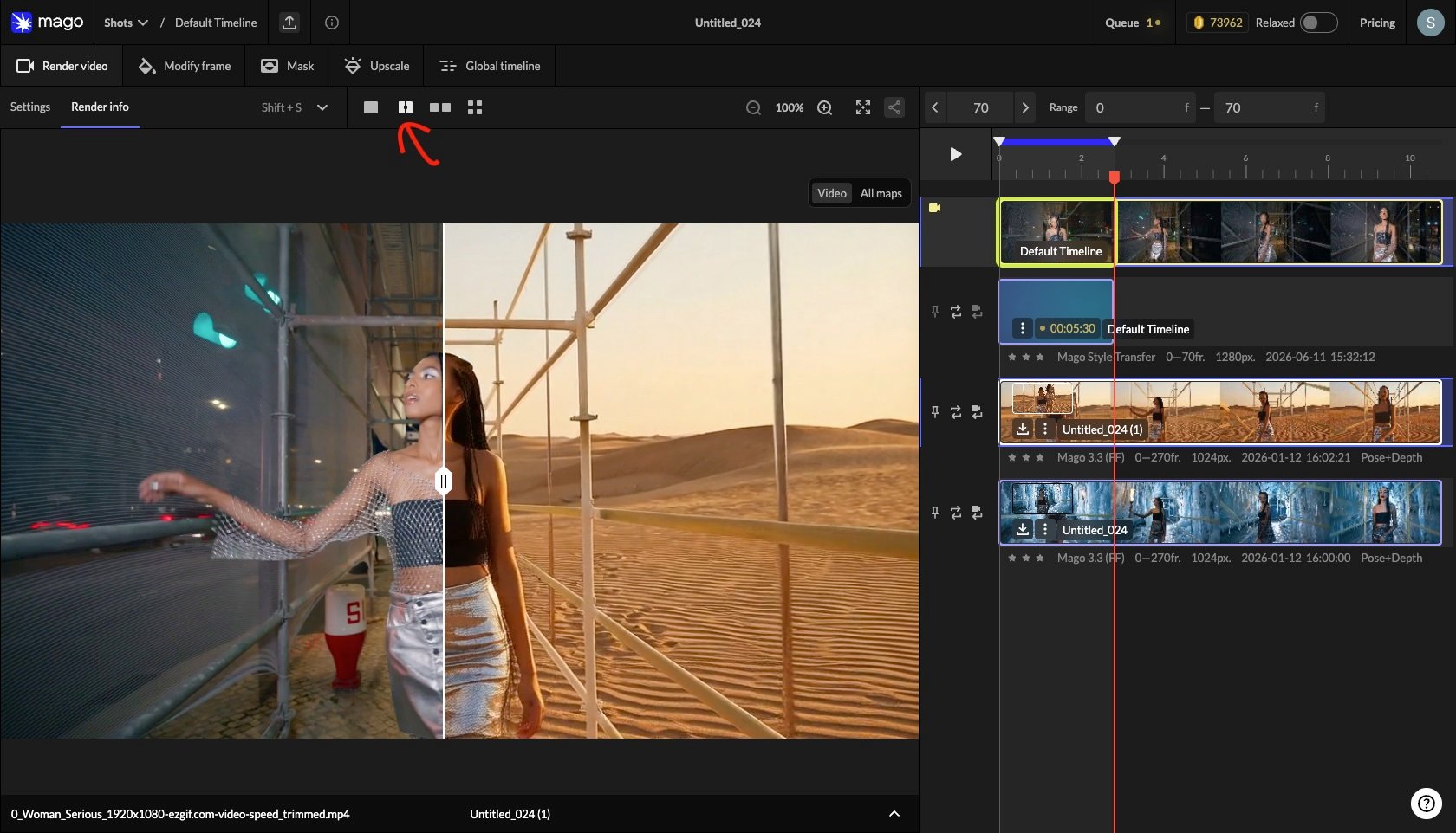 Split-slider comparison of a render vs. the source.
