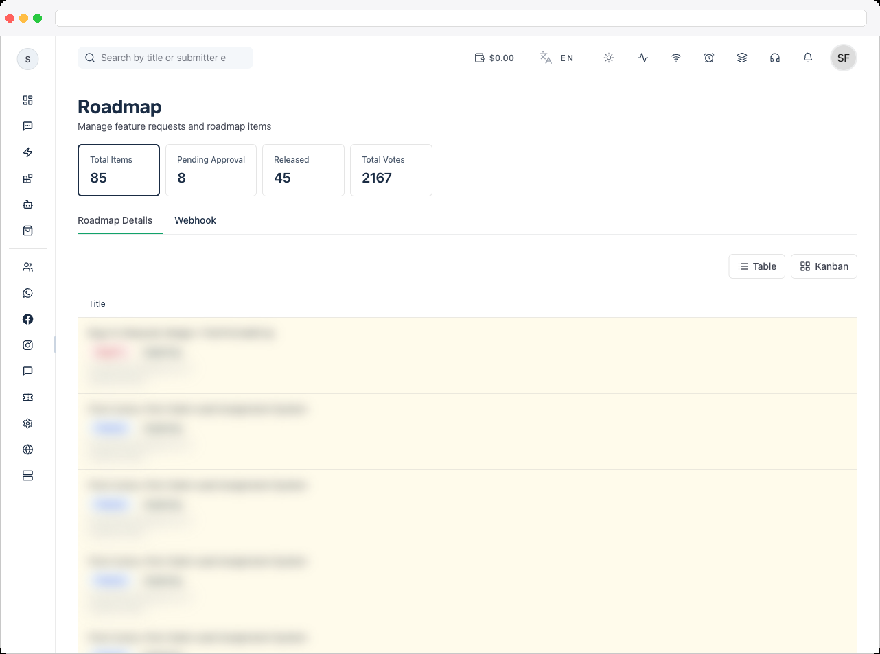 Edit Roadmap Item dialog with title, description, category, pinned, and visible fields