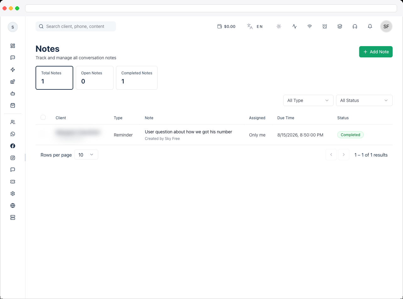 The Notes page showing the Total, Open, and Completed tiles and the notes table with Client, Note, Assigned, Due Time, and Status columns
