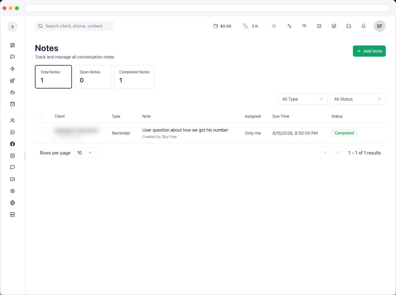 The Notes page showing the Total, Open, and Completed tiles and the notes table with Client, Note, Assigned, Due Time, and Status columns