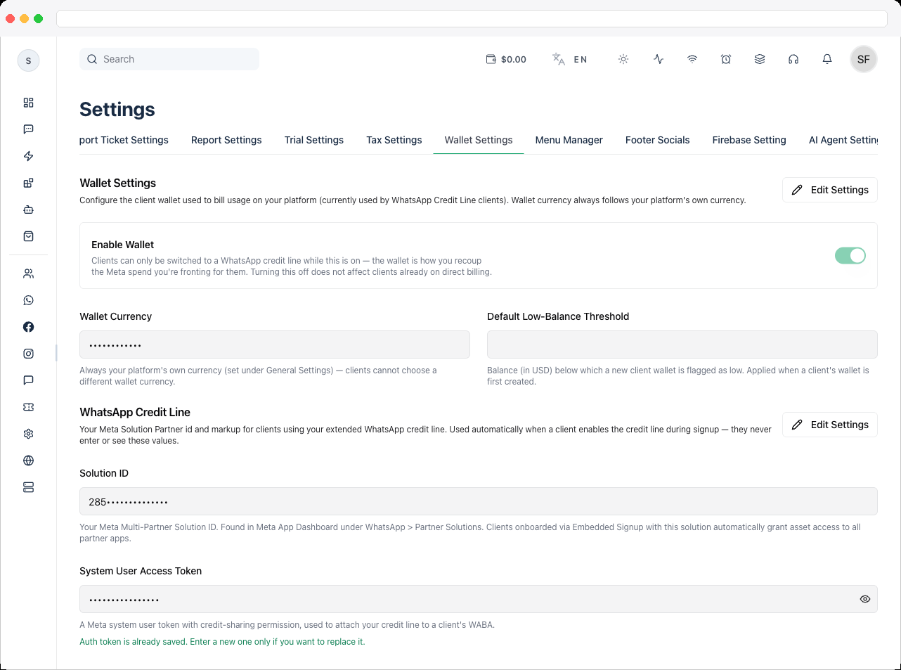 Wallet Settings tab in edit mode showing the Enable Wallet toggle and Default Low-Balance Threshold field