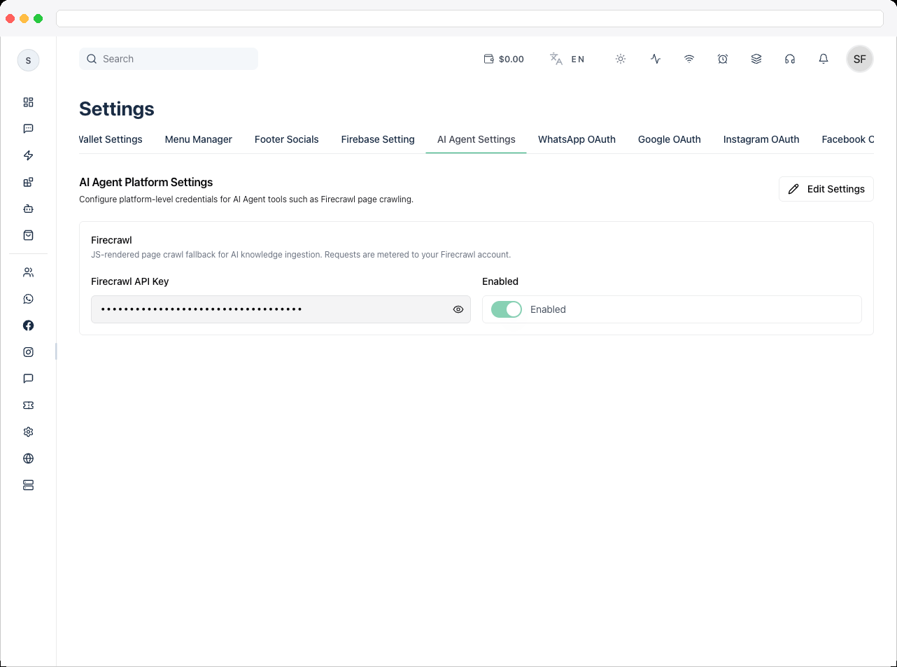 AI Agent Settings tab in edit mode with the Firecrawl API key field unlocked