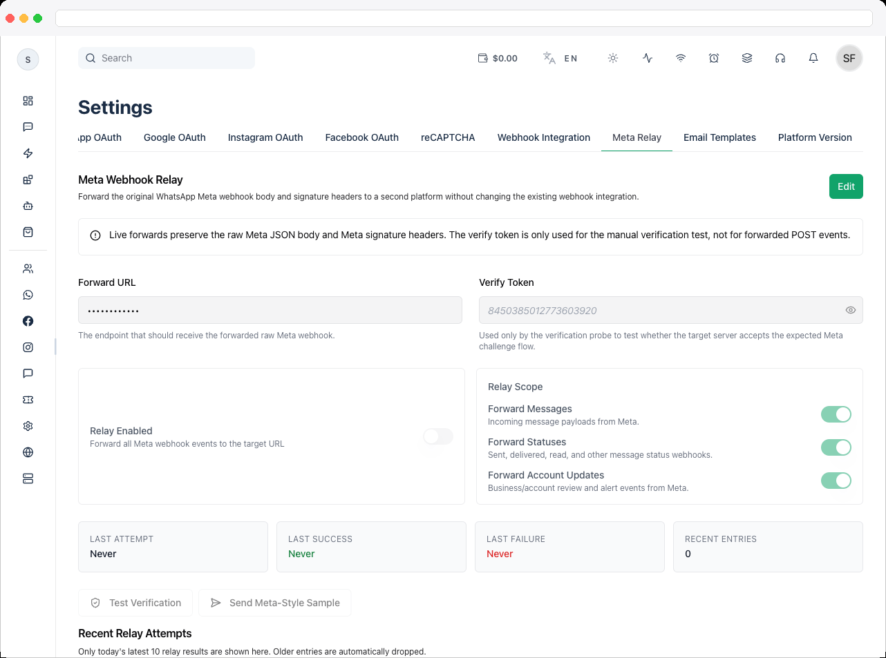 Forward URL and Verify Token fields filled in during edit mode