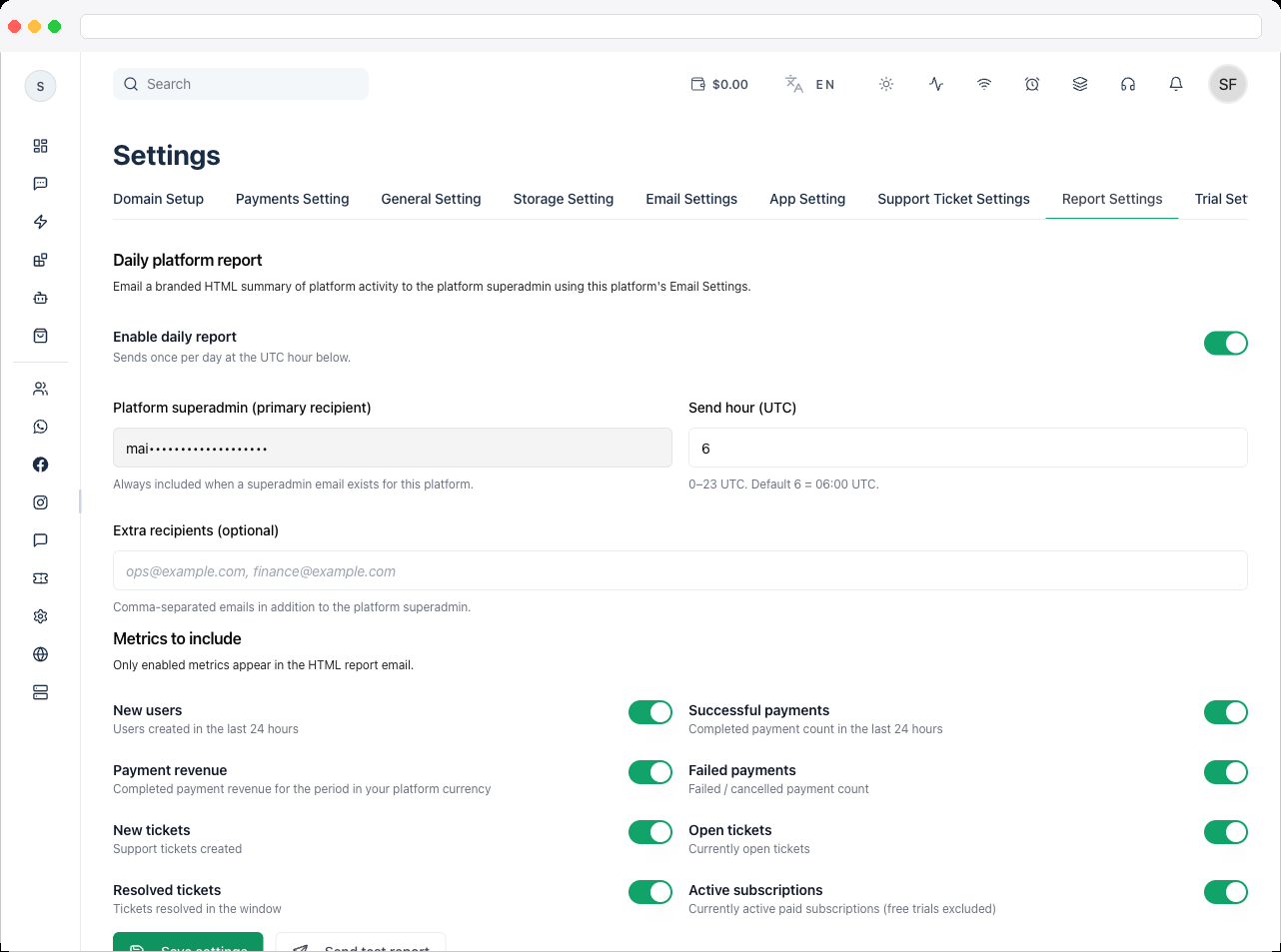 Metrics to Include card showing the list of toggleable metrics like New Users, Successful Payments, and Open Tickets