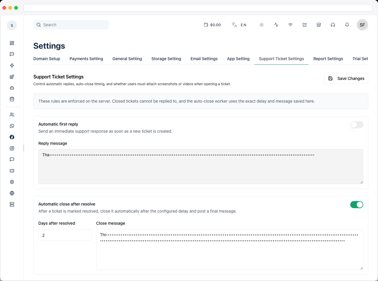 Save Changes button and success confirmation after saving